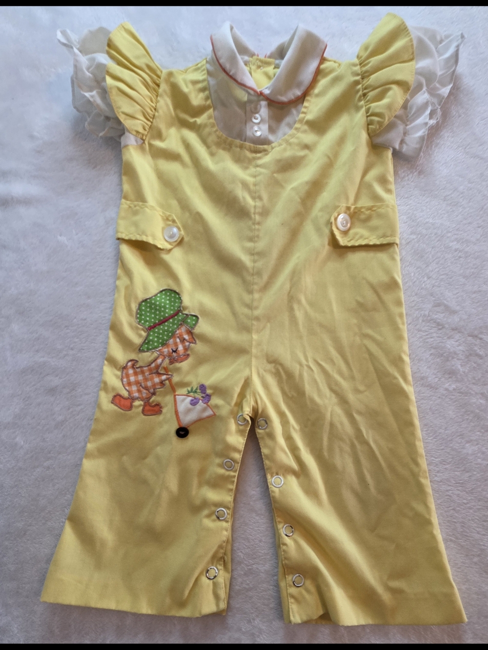 Vintage Baby Girl Yellow Romper One Piece Ruffle Sleeves Snap Bottom